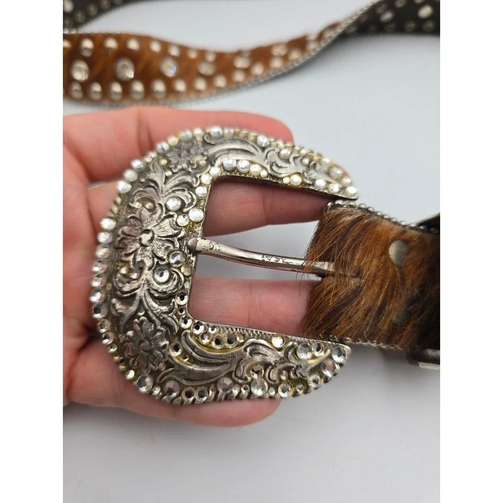 Nocona Belt Western Womens M Brown Studded Rhinestone Calf Hair Leather